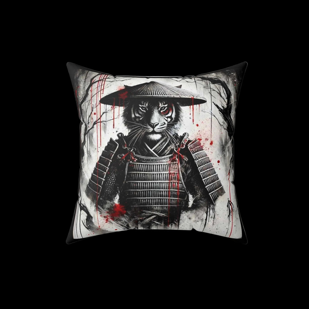 Samurai tiger throw pillow featuring a fierce tiger in samurai armor, perfect for home decor, by Printify's Chaos Kitten Emporium.