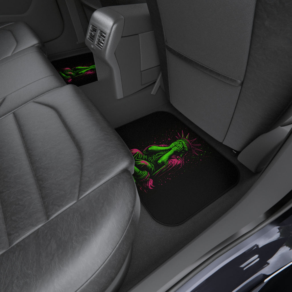 Neon Liberty car mat set by Chaos Kitten Emporium® with bright neon design, made for vehicle interior accessory use.