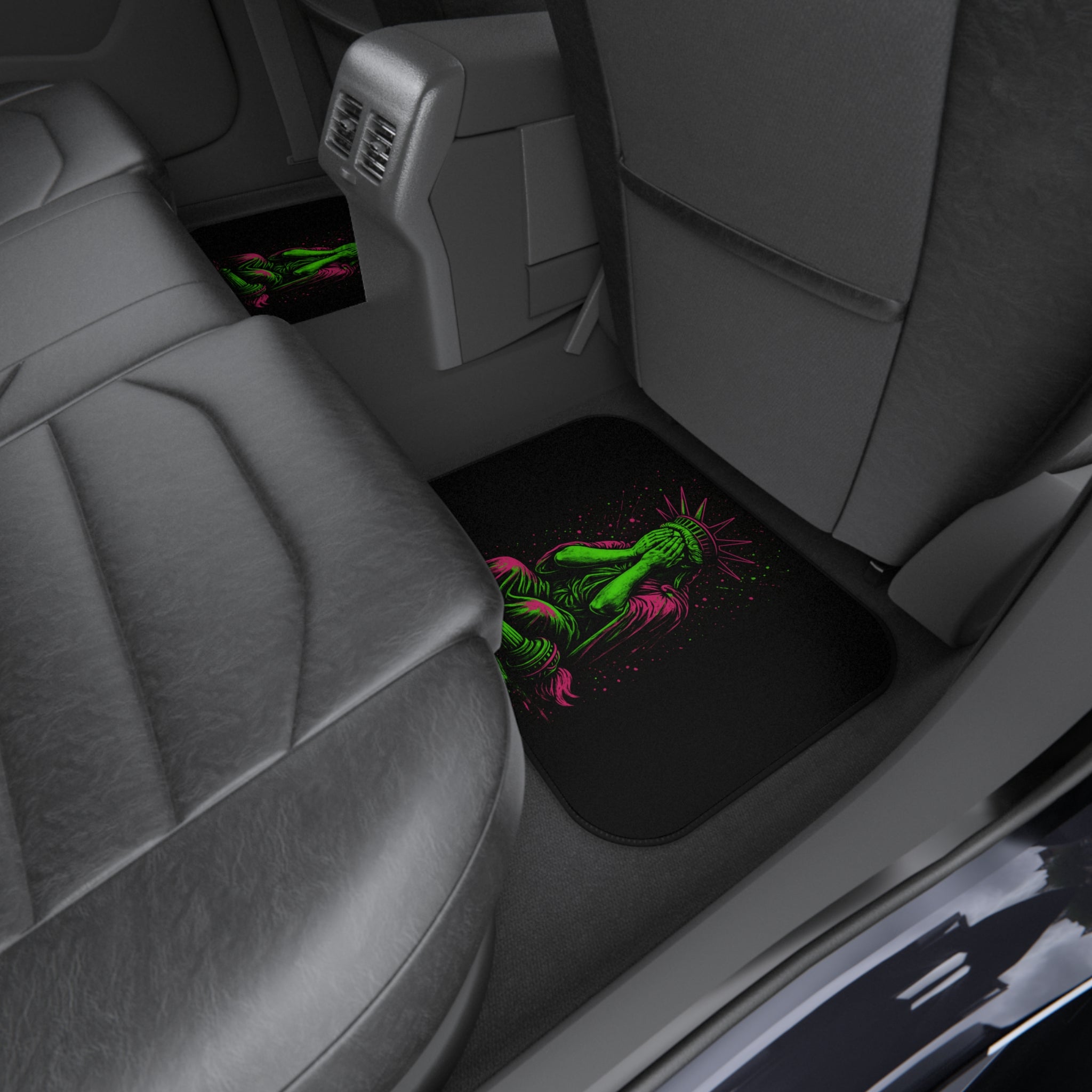 Neon Liberty car mat set by Chaos Kitten Emporium® with bright neon design, made for vehicle interior accessory use.