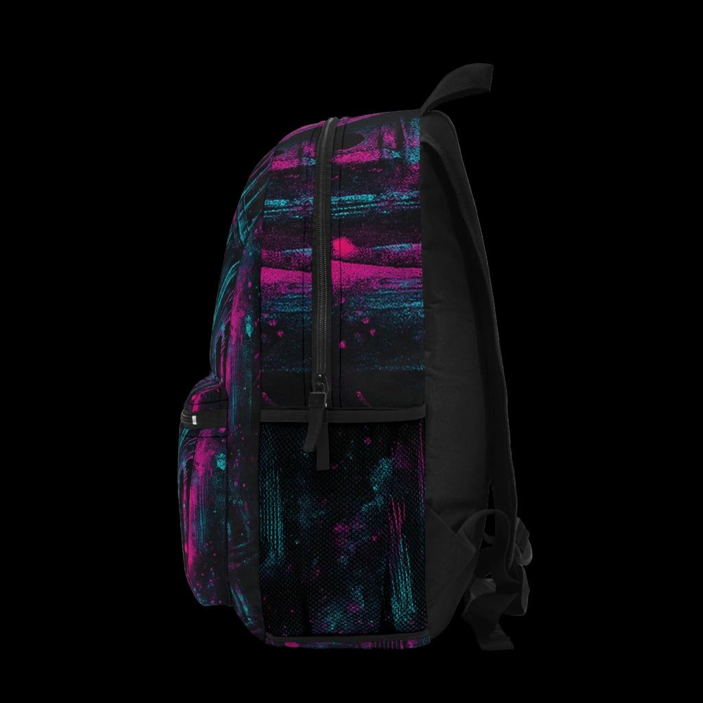 Vibrant Neon Graffiti CHAOS Backpack featuring teal and magenta design on a black background, perfect for travel and school.