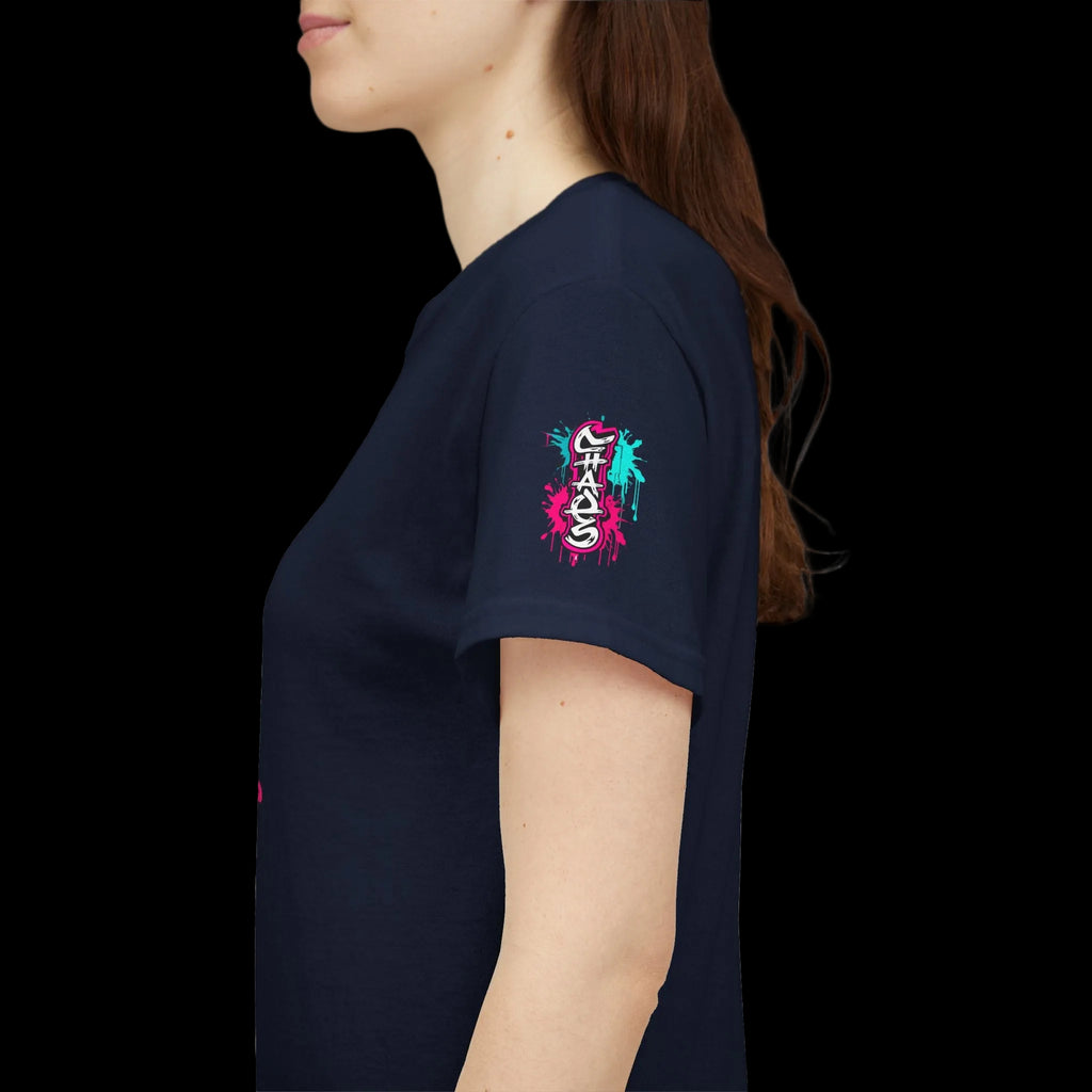 Navy blue t-shirt with colorful graffiti text 'Chaos' on the sleeve worn by a person