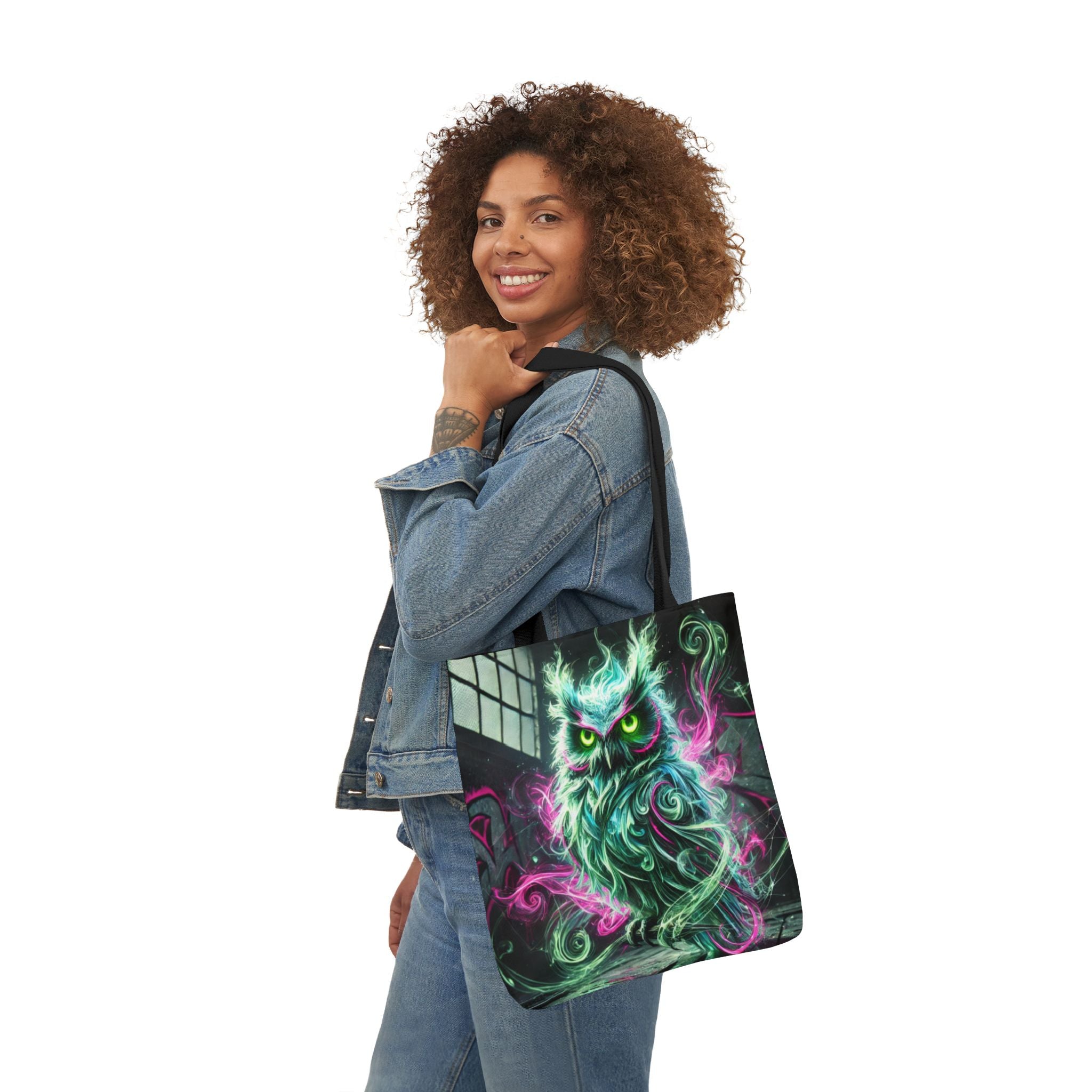 Mystic Owl all-over print tote bag featuring gothic owl design, made by Printify, with vibrant printed fabric and sturdy handles.