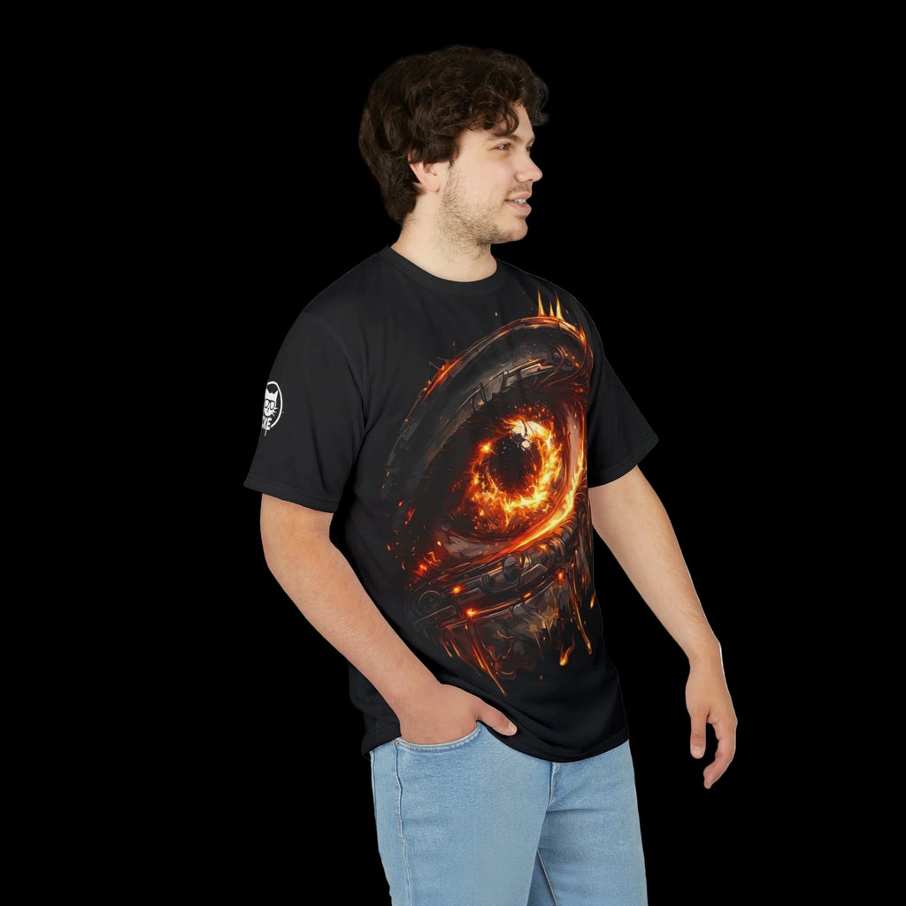 Inferno Gaze Performance Tee featuring a fiery eye graphic on dark fabric, worn with light blue jeans.