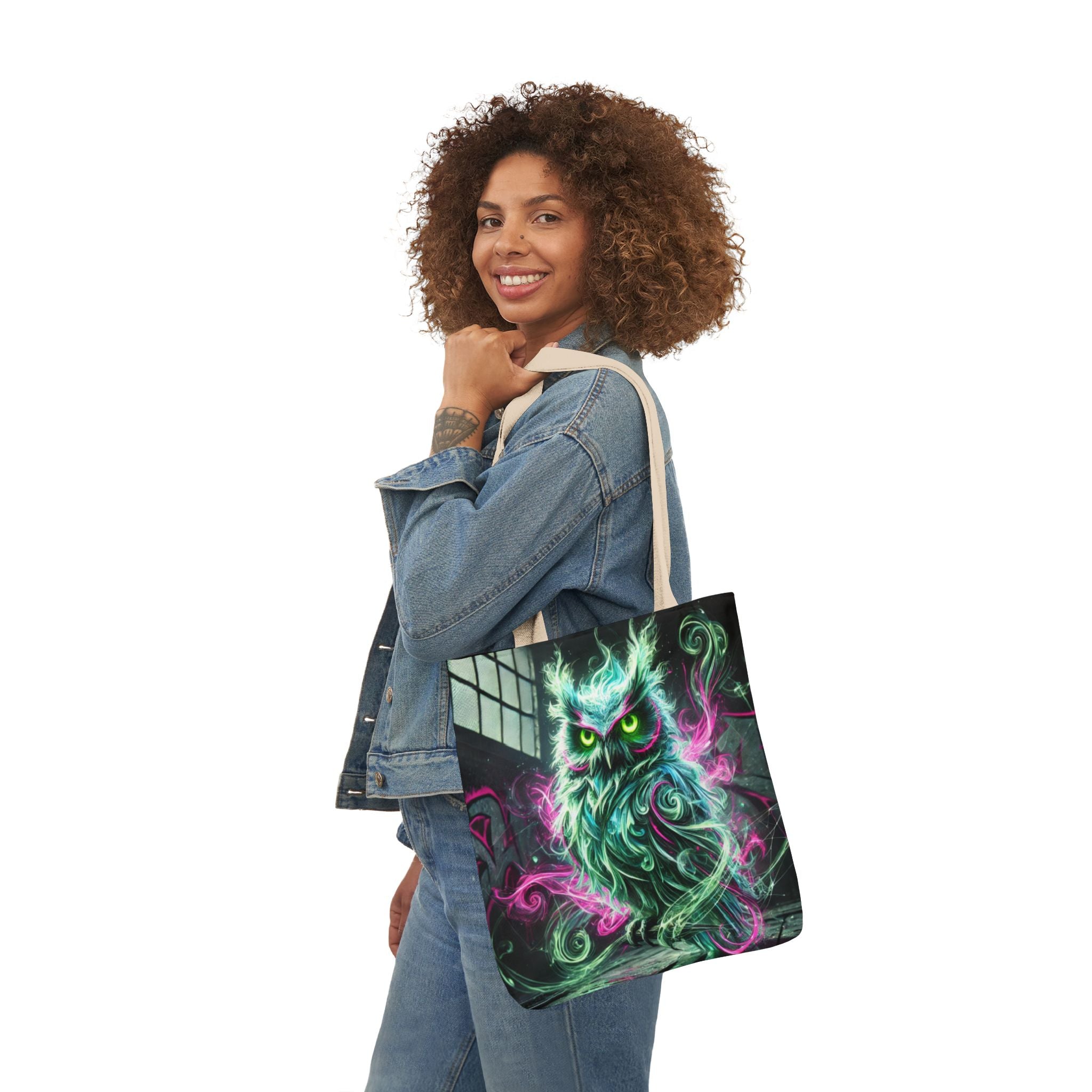 Mystic Owl all-over print tote bag with gothic design, featuring detailed owl artwork on black fabric, by Printify.