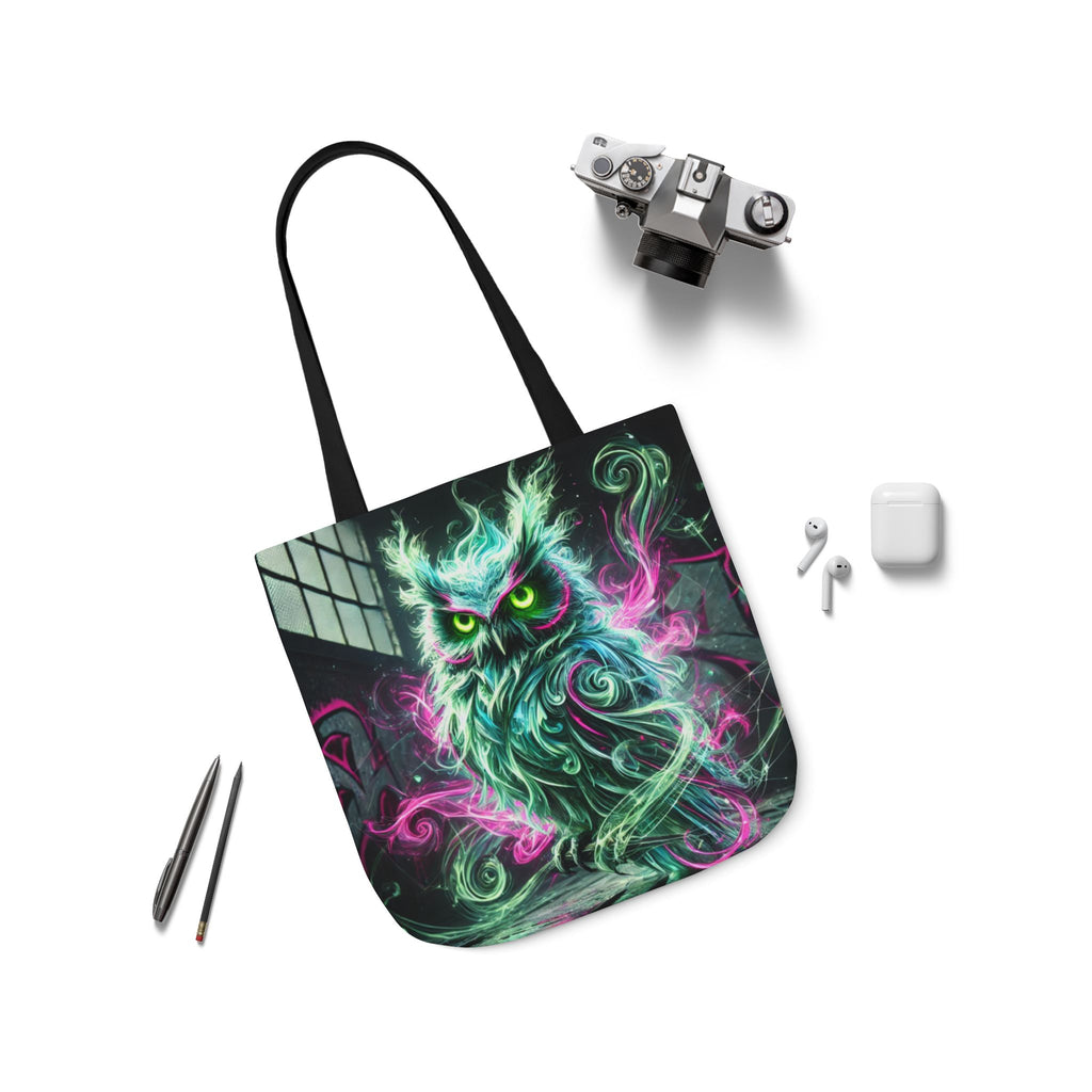 Mystic Owl all-over print tote bag featuring gothic owl design, made by Printify, with black handles and detailed gothic artwork.