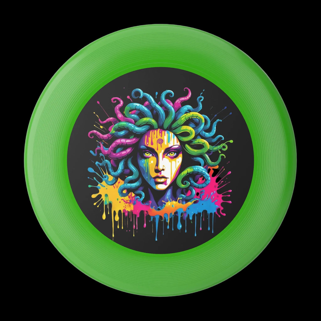 Vibrant Medusa illustration on a colorful disc with a green rim and black center, perfect for outdoor fun.
