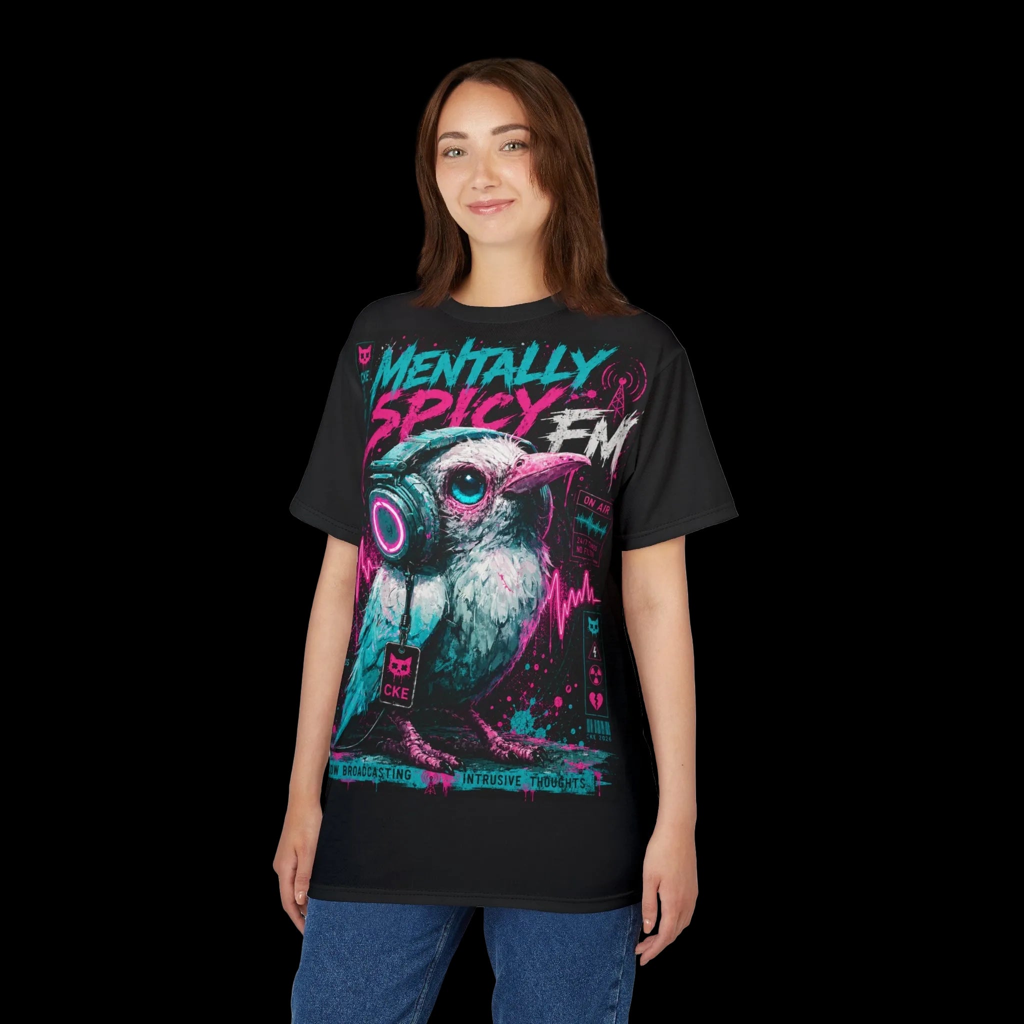 All over print of a Mentally Spicy Bird graphic tee featuring gothic-style artwork on a black shirt, by Chaos Kitten Emporium.