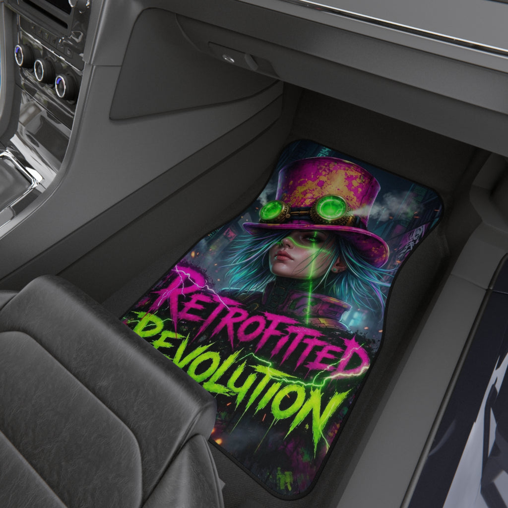 Vibrant steampunk car mat featuring a bold rider in a paint-splattered top hat and graffiti-style lettering.