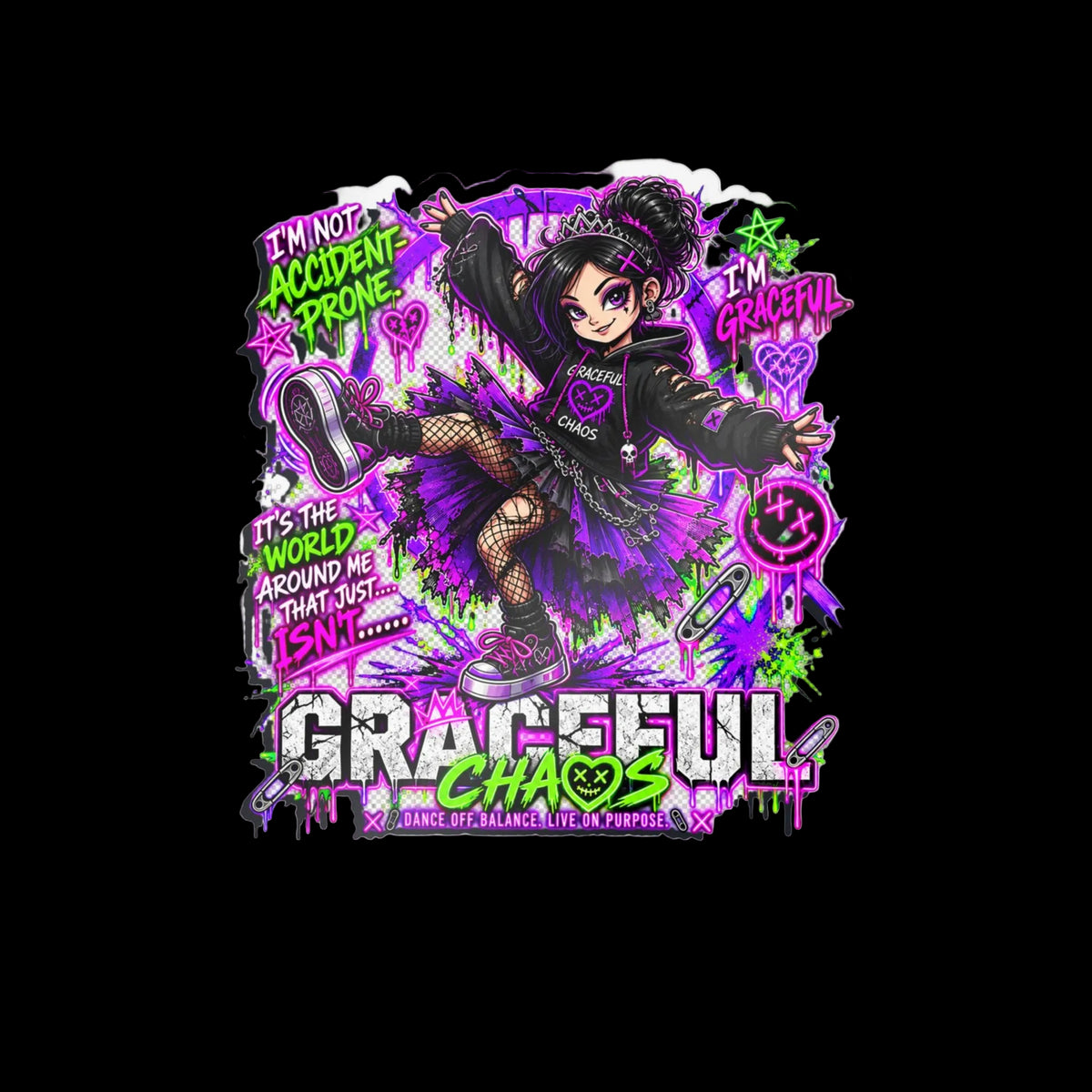 a cartoon girl with purple and green text