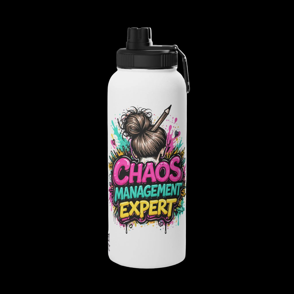 a white water bottle with a black lid