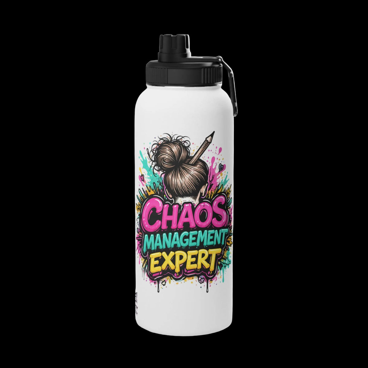 a white water bottle with a black lid