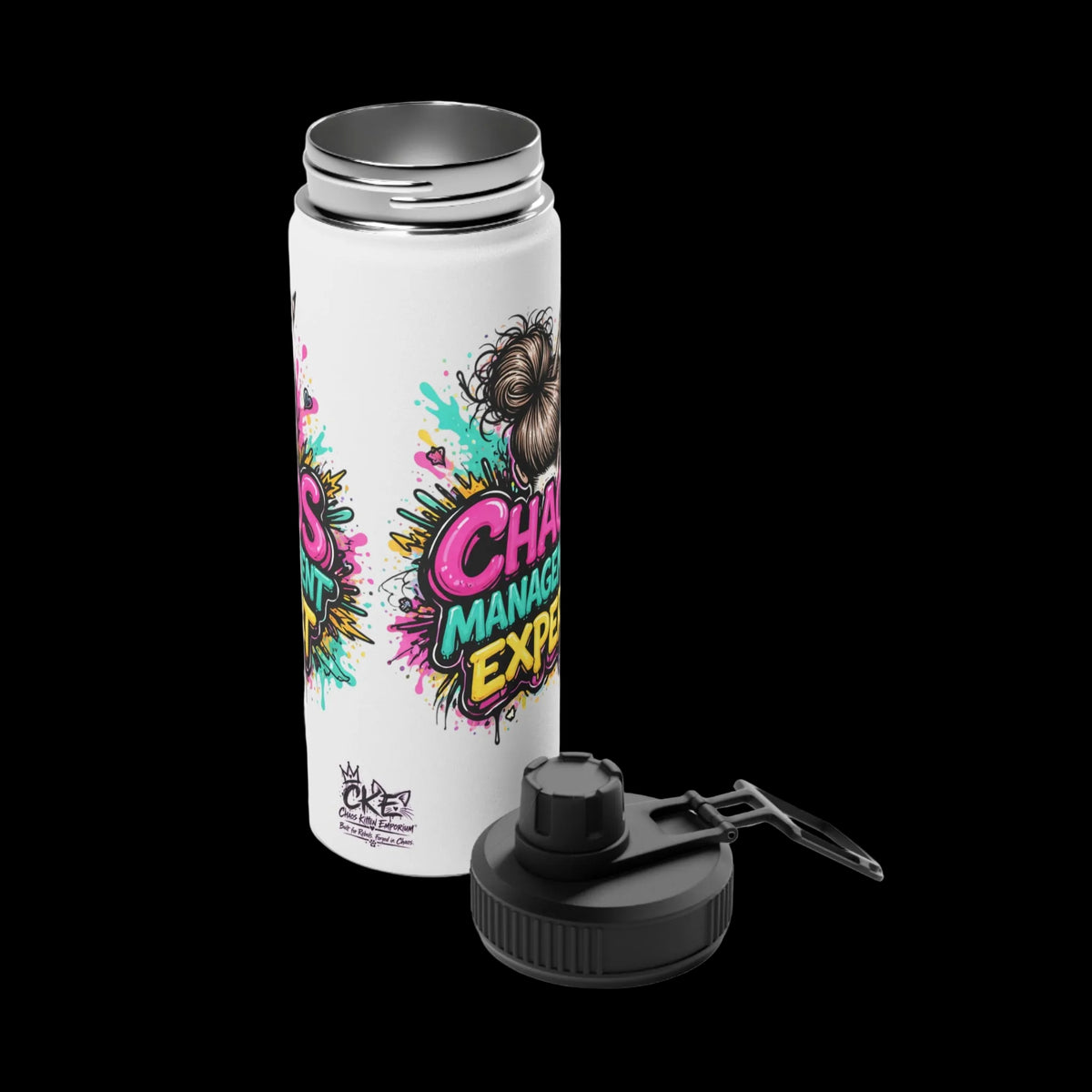a white bottle with colorful text