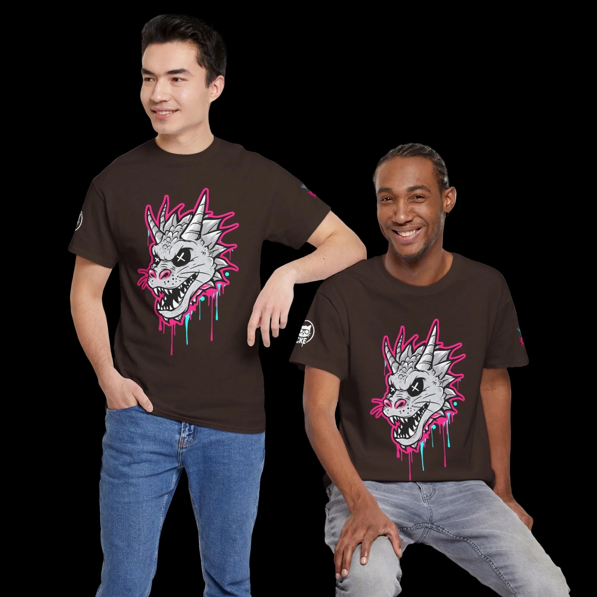 Two men wearing black t-shirts with 'money up in flames' text and graphics.