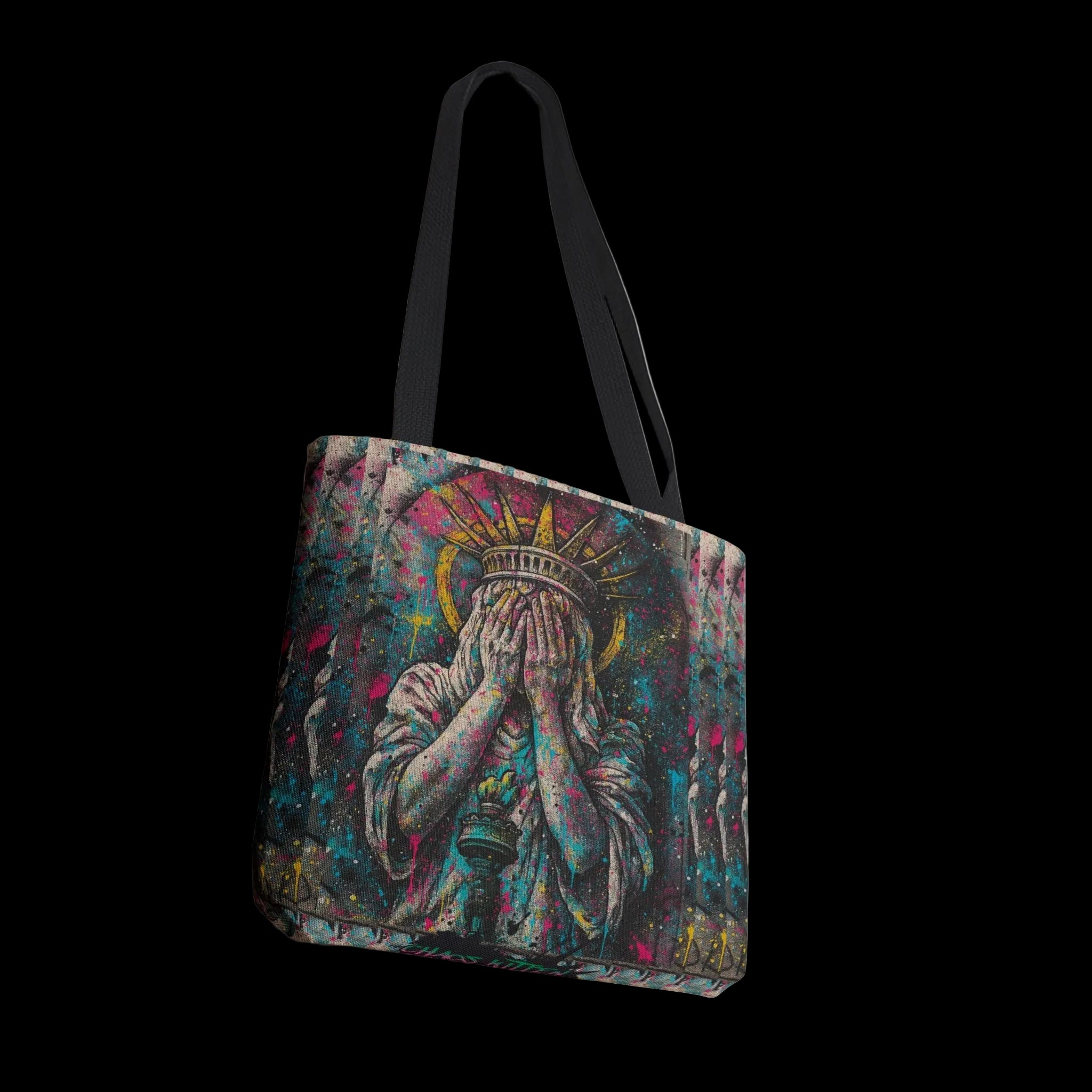 Graffiti-inspired Lady Liberty design on a spacious tote bag with black handles, perfect for carrying essentials.