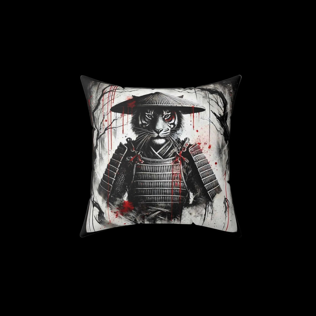 Samurai Tiger throw pillow with bold tiger and samurai design, decorative art home decor pillow by Printify.