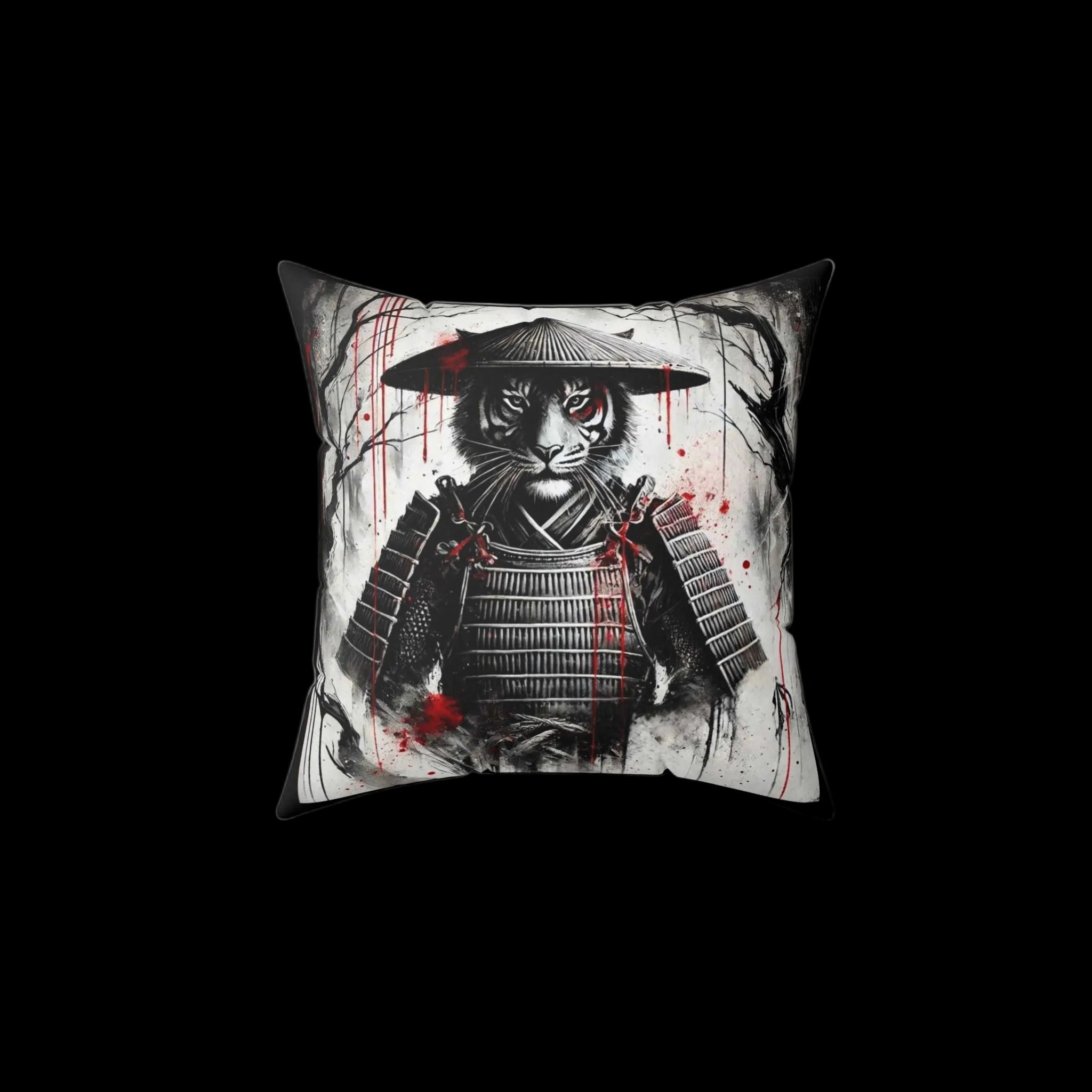 Samurai Tiger throw pillow with bold tiger and samurai design, decorative art home decor pillow by Printify.