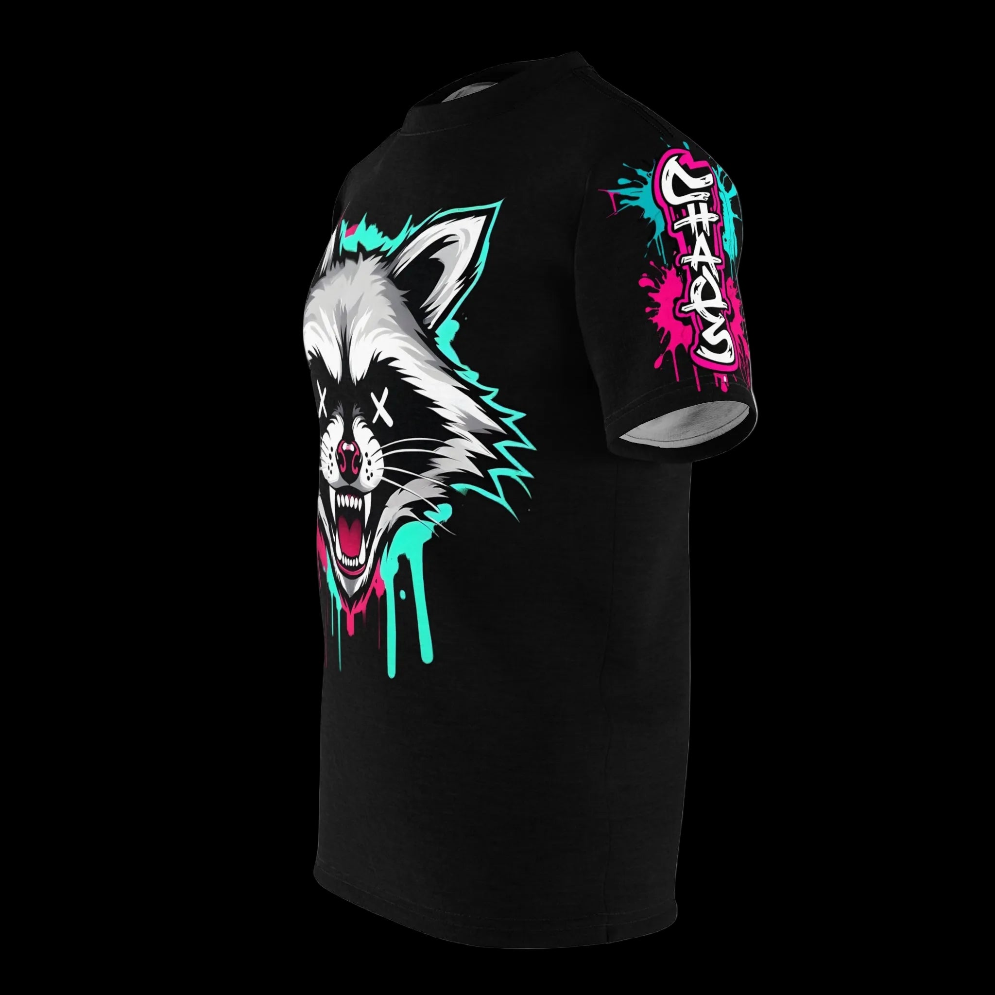 All-over print Graffiti Grunge Raccoon graphic tee from Chaos Kitten Emporium, featuring bold raccoon graffiti design on black fabric.