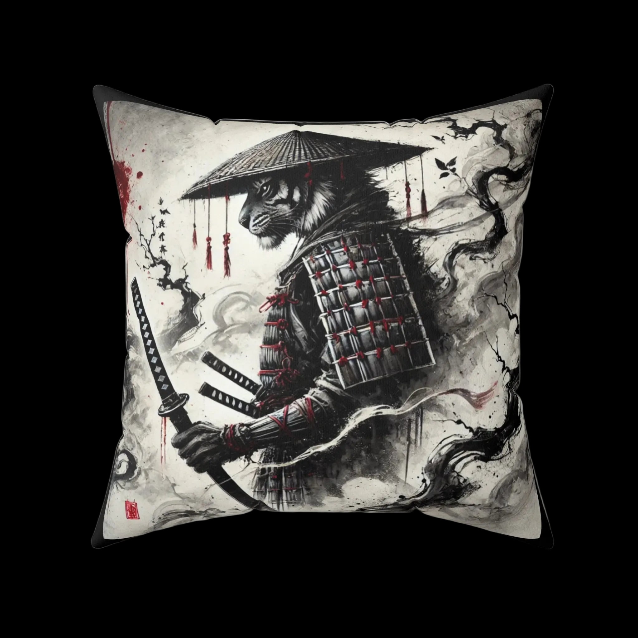 Samurai Tiger Pillow from Chaos Kitten Emporium featuring Japanese art design, soft cushion for home decor in vibrant colors.