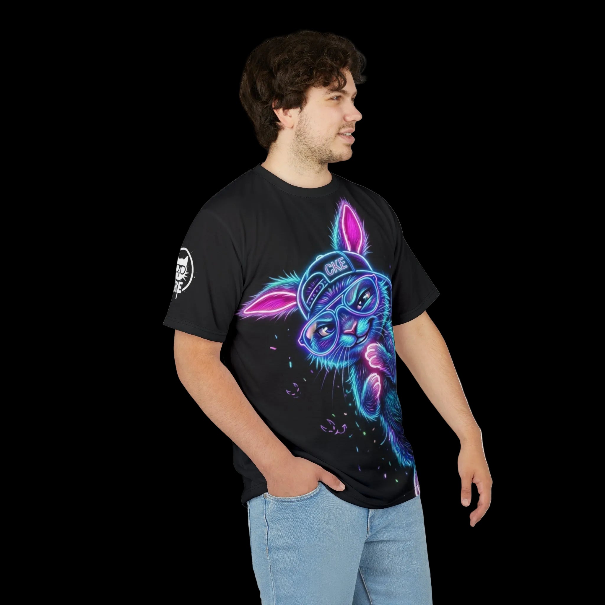 All-over print neon graffiti rabbit graphic tee from Gothic graphic apparel by Chaos Kitten Emporium, featuring vibrant rabbit artwork.