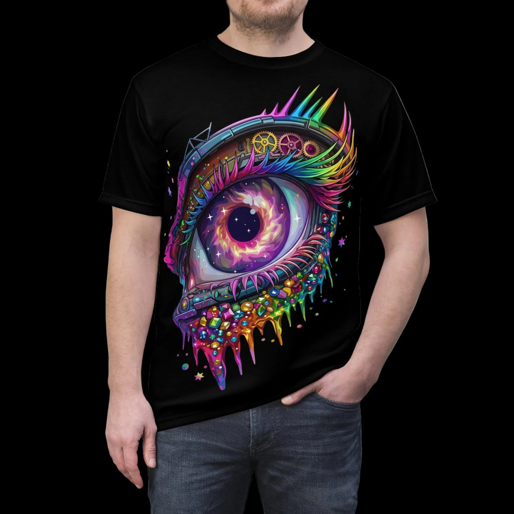 Black t-shirt featuring a vibrant mechanical eye graphic with cosmic colors and crystalline textures.