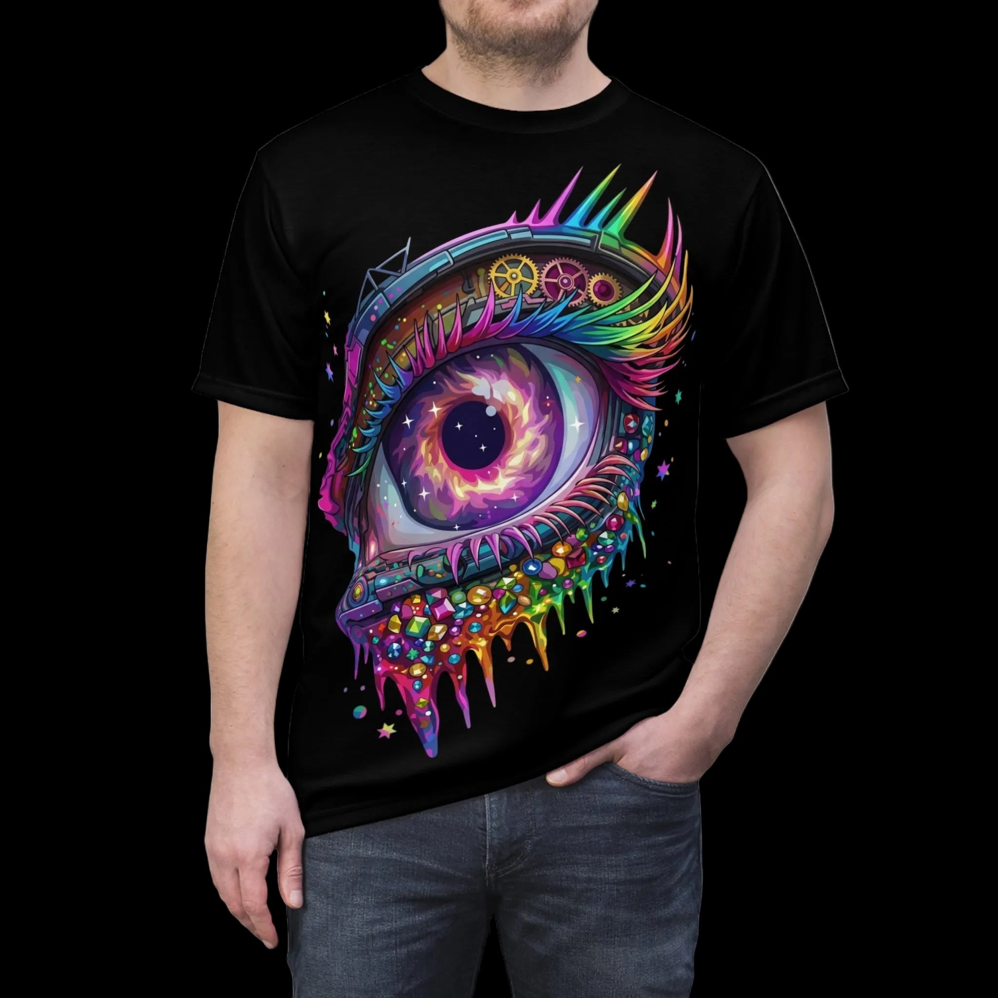 Black t-shirt featuring a vibrant mechanical eye graphic with cosmic colors and crystalline textures.