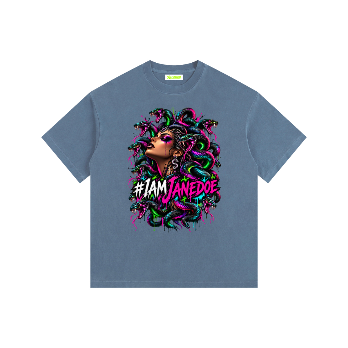 IAmJaneDoe,MedusaGraphicTee,GothicStreetwear,CyberGrungeClothing,AlternativeFashion,OversizedGraphicTee,VintageWashedShirt,NeonMedusa,DarkAesthetic,WomensGraphicTee,MythologyShirt,WearableArt,Apparel,CKE,ChaosKittenEmporium