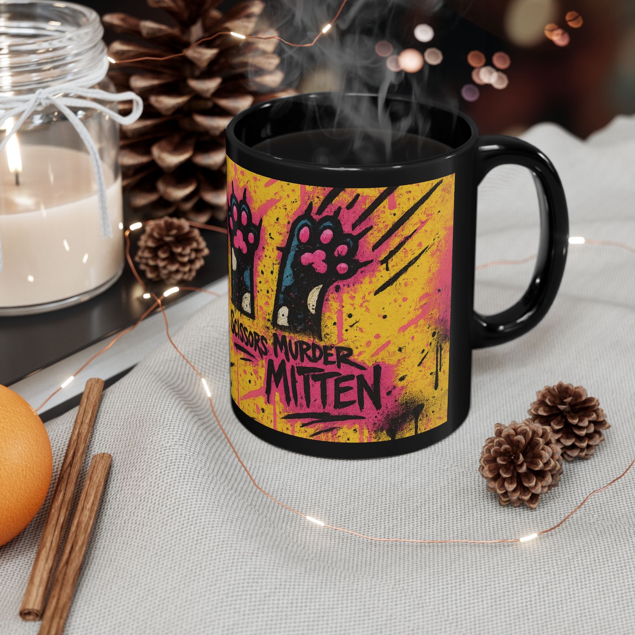 Rock Paper Scissors Murder Mittens” Design | Unique Cat Art Coffee Cup | 11oz & 15oz