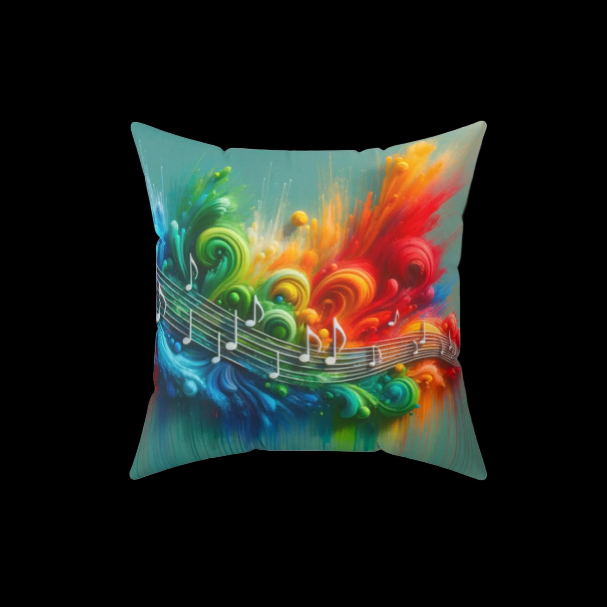 Vibrant pillow featuring an explosion of rainbow colors and flowing musical notes on a black background, perfect for creative spaces.