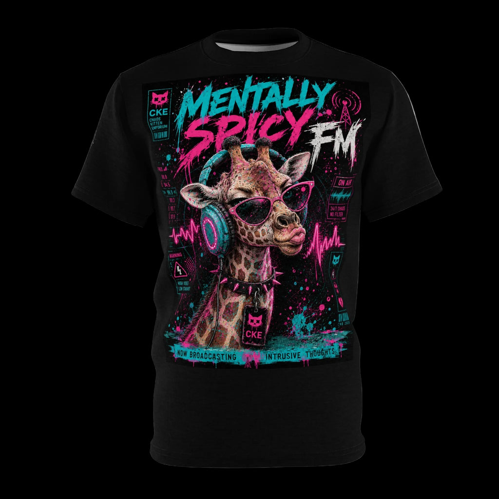 All-over print Mentally Spicy Giraffe graphic tee by Chaos Kitten Emporium®, featuring a vibrant giraffe design on gothic-style apparel.