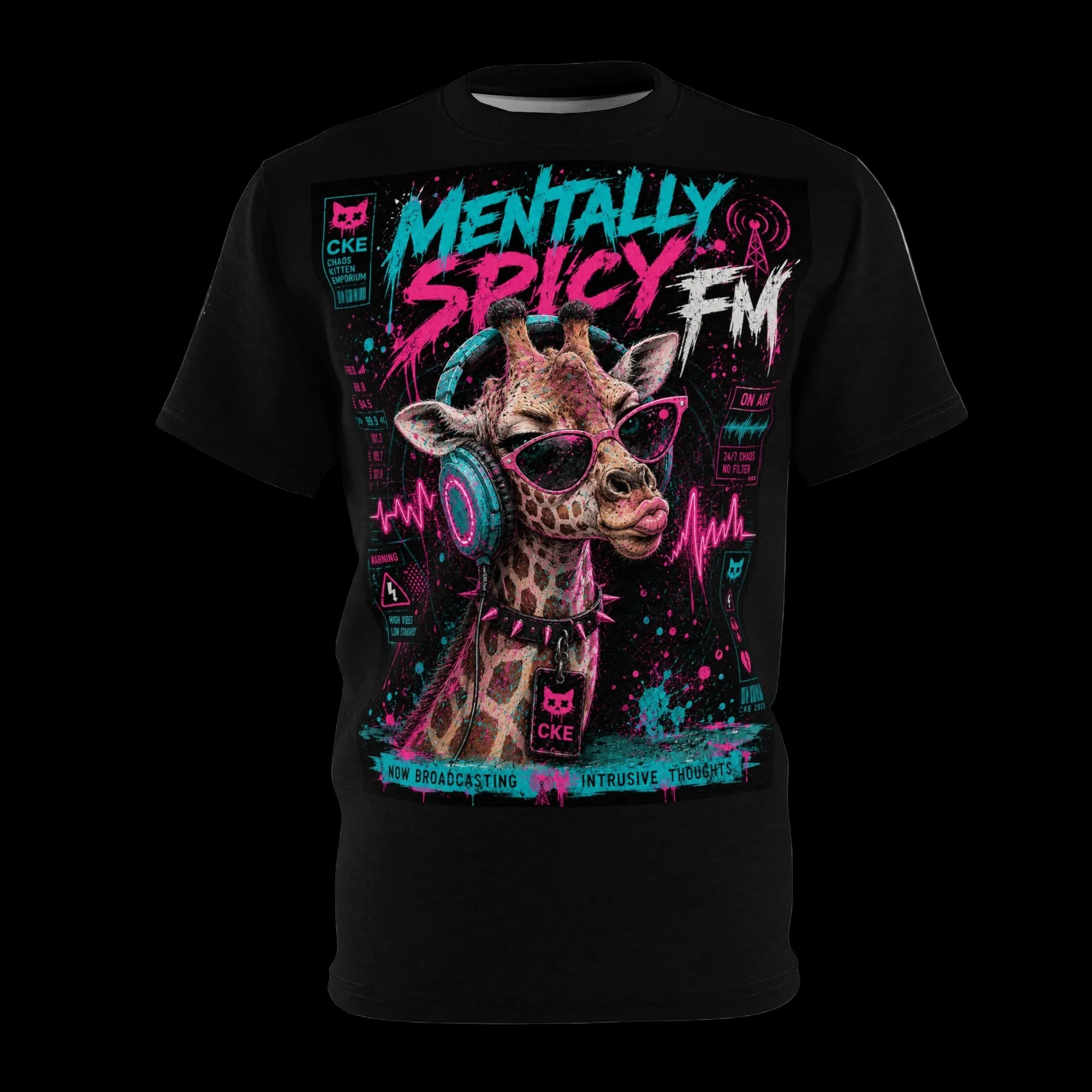 All-over print Mentally Spicy Giraffe graphic tee by Chaos Kitten Emporium®, featuring a vibrant giraffe design on gothic-style apparel.