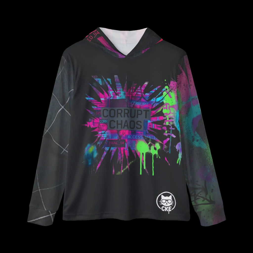 All-over print Corrupt Chaos Warmup Hoodie by Chaos Kitten Emporium® featuring bold, colorful chaotic design on performance apparel.