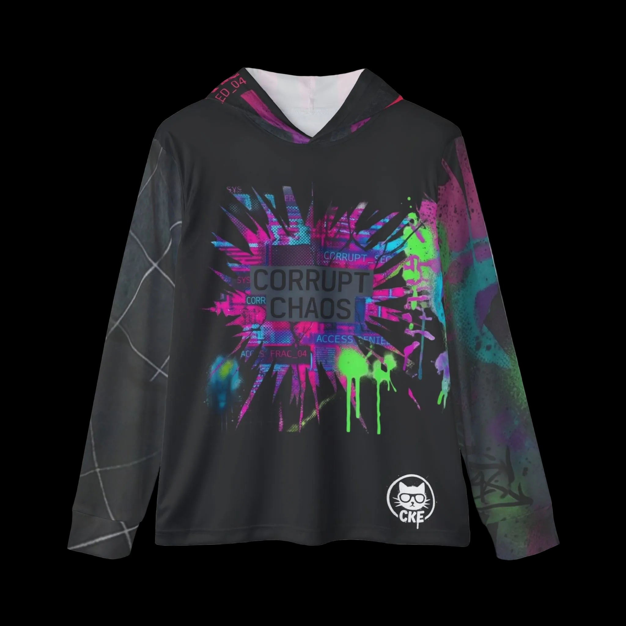 All-over print Corrupt Chaos Warmup Hoodie by Chaos Kitten Emporium® featuring bold, colorful chaotic design on performance apparel.