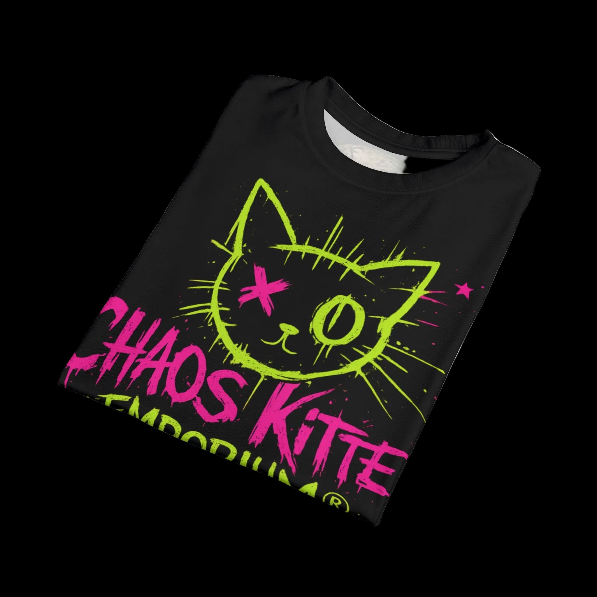 All-over print Chaos Kitten graphic tee by Printify featuring gothic-inspired feline design on soft fabric.