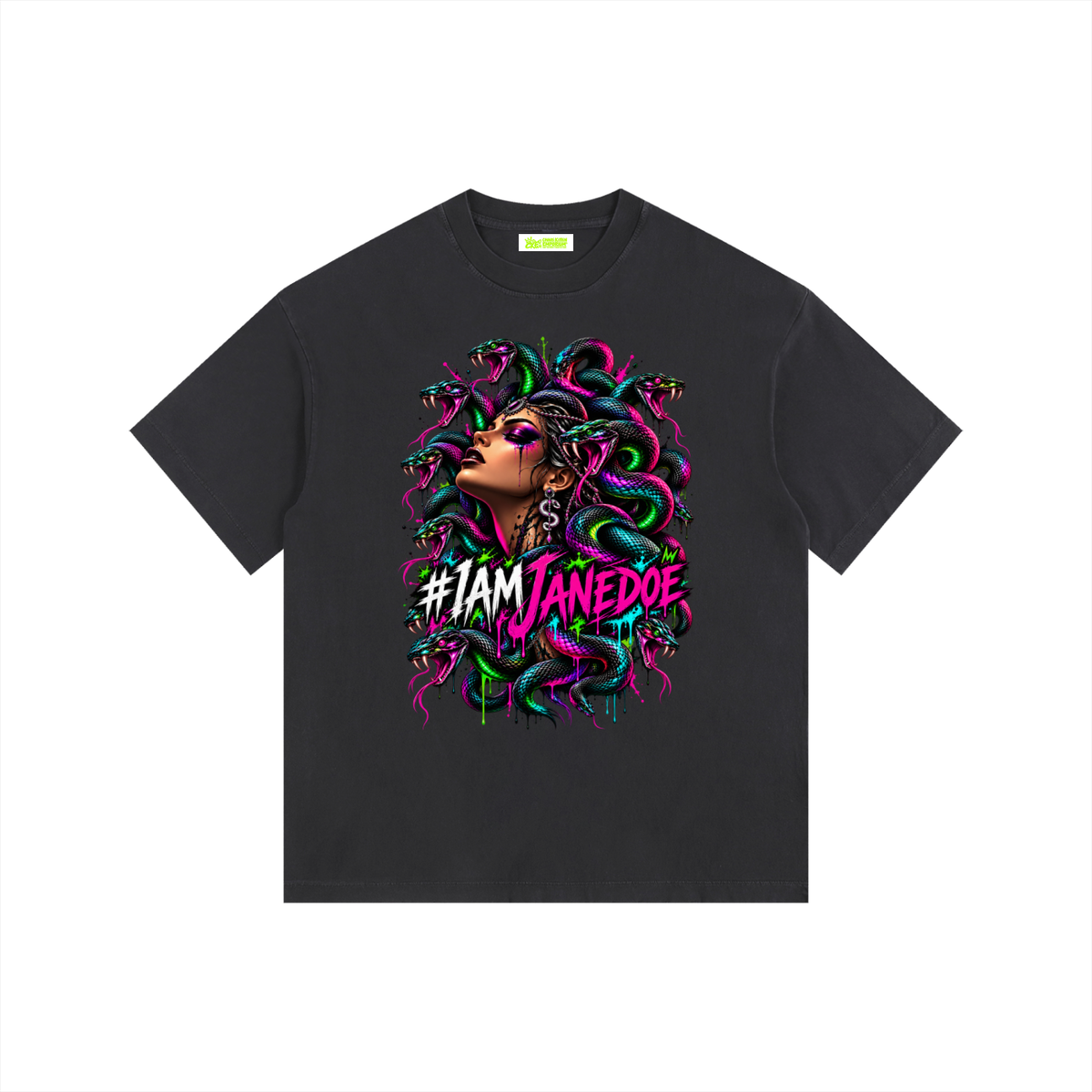 IAmJaneDoe,MedusaGraphicTee,GothicStreetwear,CyberGrungeClothing,AlternativeFashion,OversizedGraphicTee,VintageWashedShirt,NeonMedusa,DarkAesthetic,WomensGraphicTee,MythologyShirt,WearableArt,Apparel,CKE,ChaosKittenEmporium