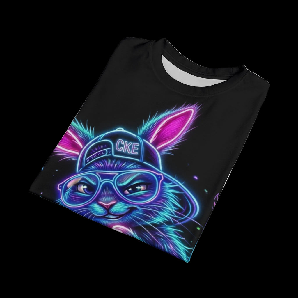 Neon graffiti rabbit graphic tee with all-over print, featuring a gothic style design on a casual black t-shirt by Printify.