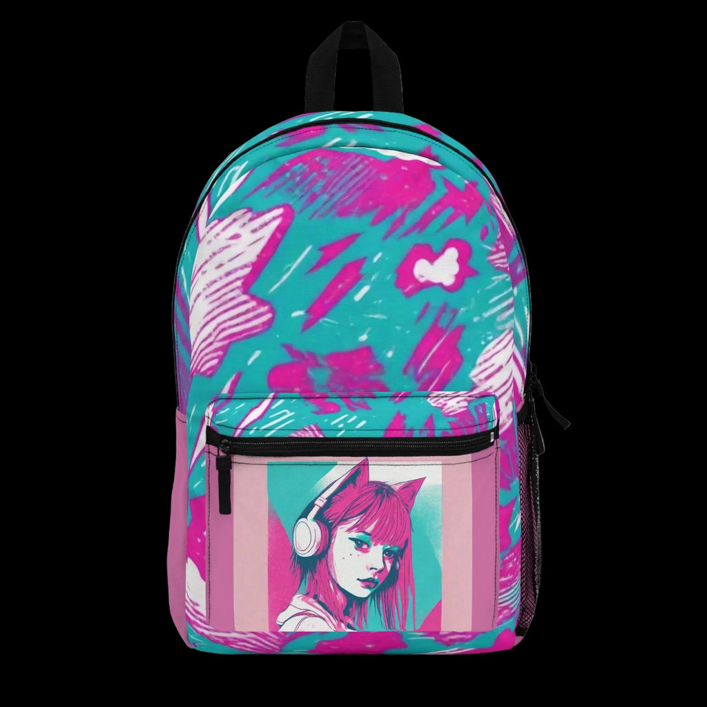 A backpack with a vibrant pink and teal abstract graffiti-style print, featuring a graphic illustration of a girl with headphones on the front pocket.