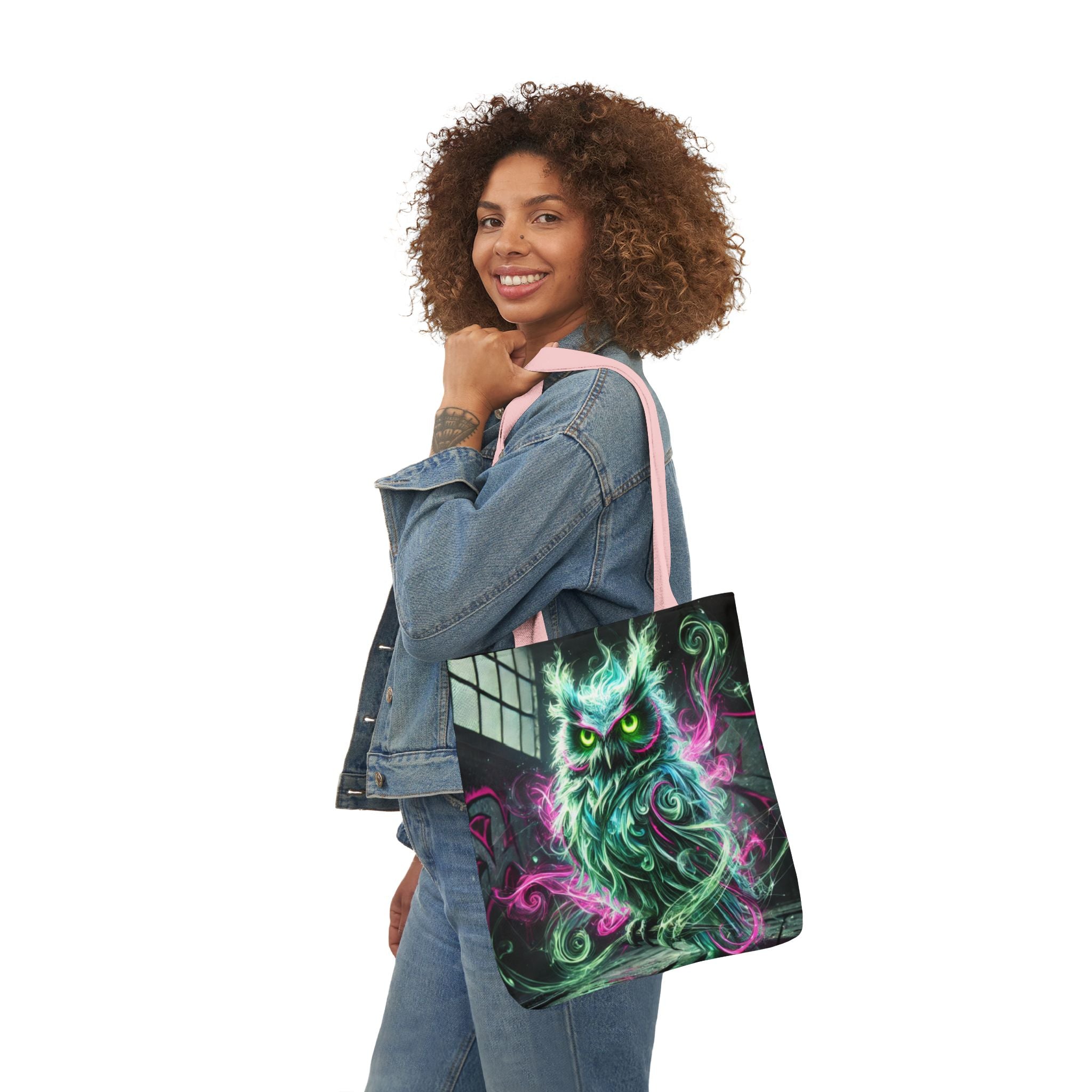 Mystic Owl all-over print tote bag featuring gothic design, black and white owl pattern, from Chaos Kitten Emporium® by Printify.