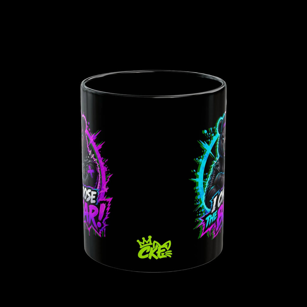 a black mug with colorful graphics