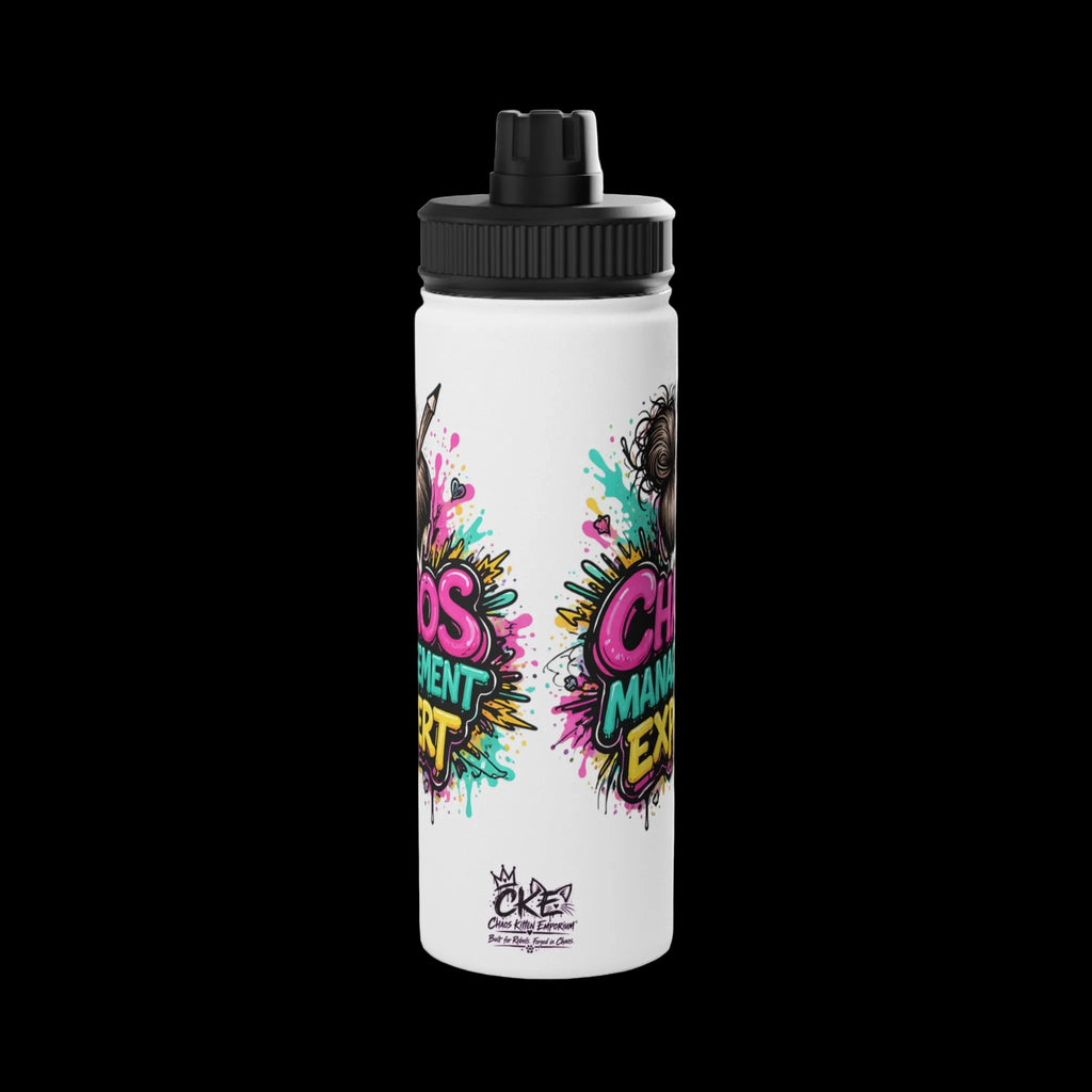 a white water bottle with colorful text