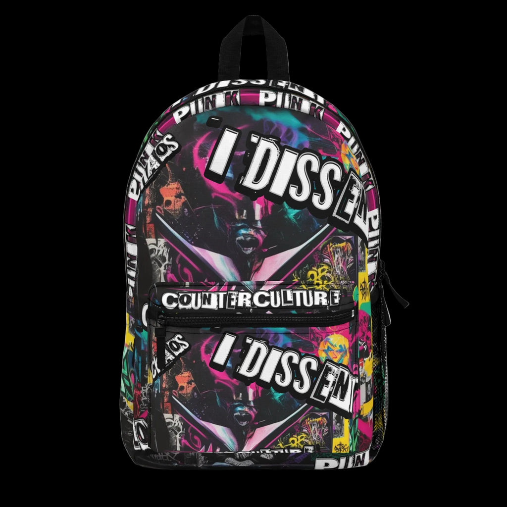 Rebel's Cry backpack by Printify featuring edgy chic design, chaos kitten artwork, black straps, and spacious bag interior.