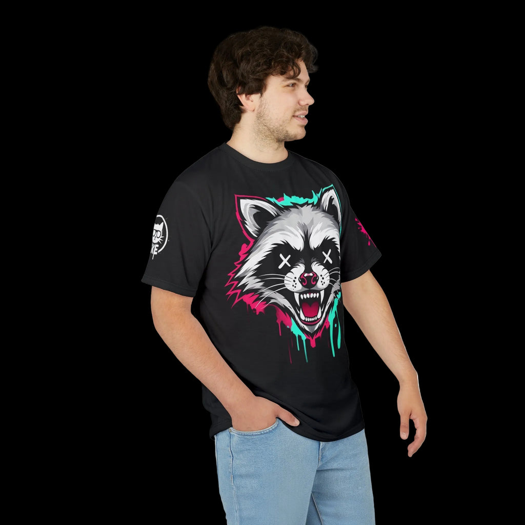 Graffiti grunge raccoon graphic tee with all-over print, featuring gothic style artwork from Chaos Kitten Emporium®.