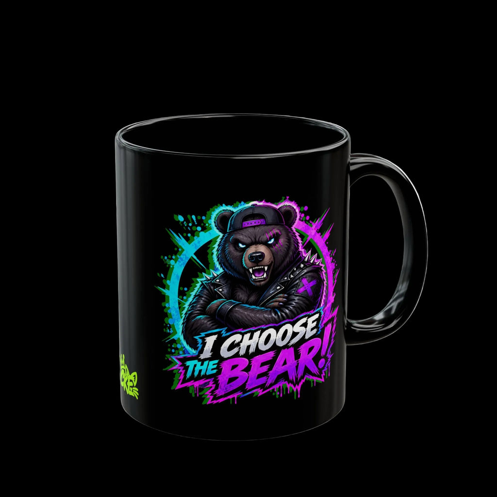 a black mug with a bear on it