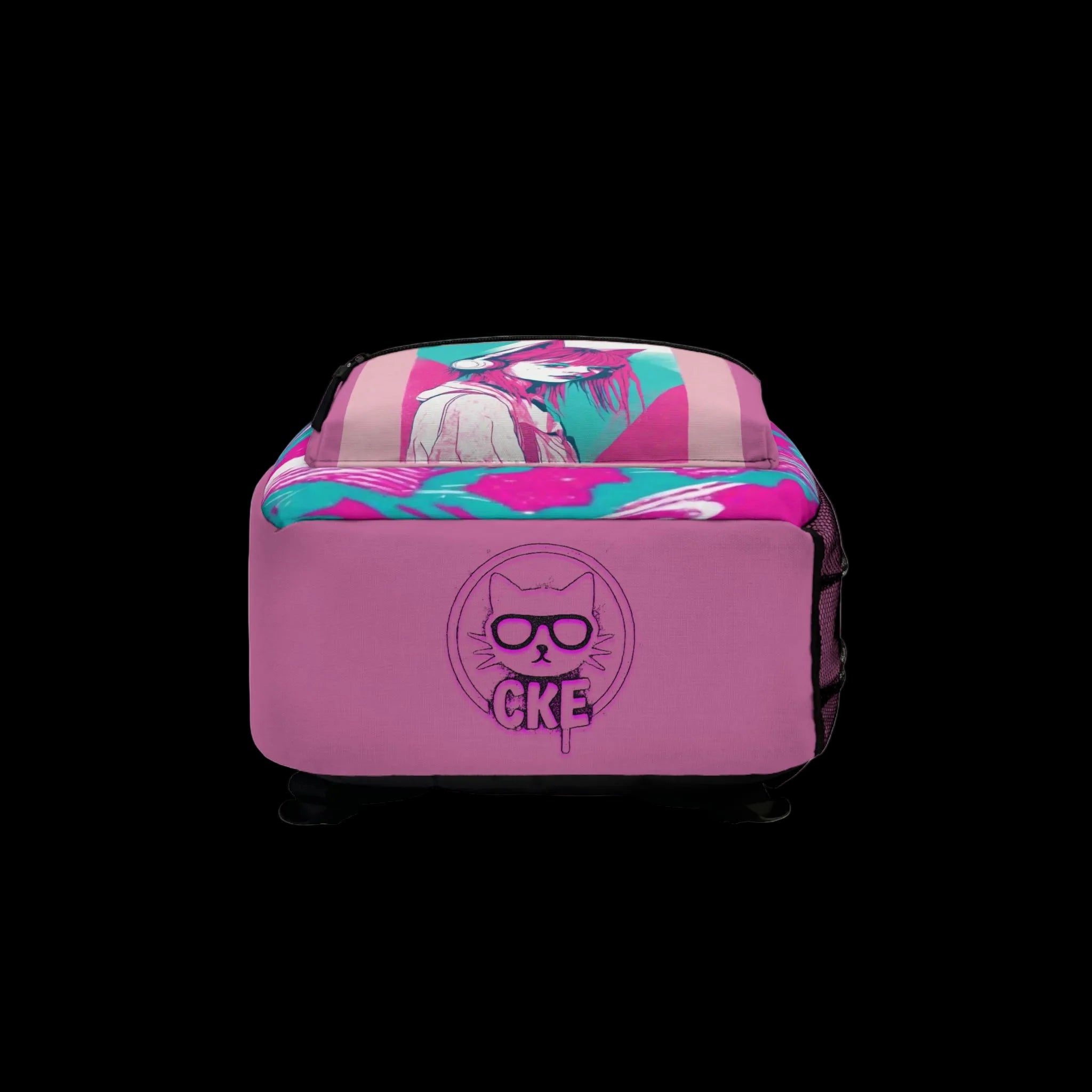 A pink soft-sided rectangular bag or case with a colorful printed top panel showing a stylized cat illustration and the letters CKE. The front is solid pink with a dark pink cat-face logo and CKE text.