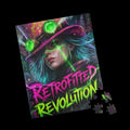 Vibrant puzzle box featuring a steampunk figure in electric magenta, acid green, and cool cyan colors.