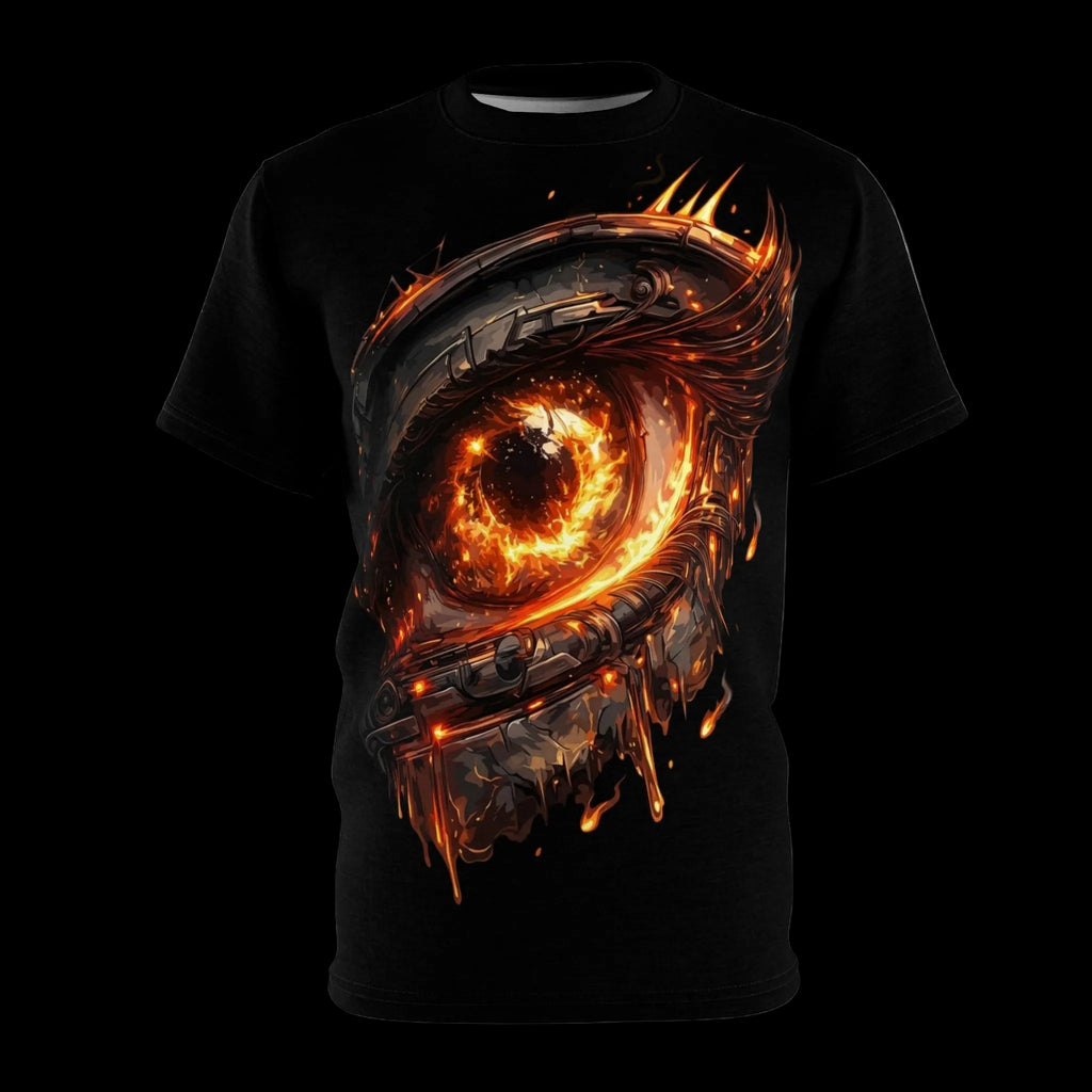 Eye graphic with fiery elements on a black background, showcasing the Inferno Gaze Performance Tee.