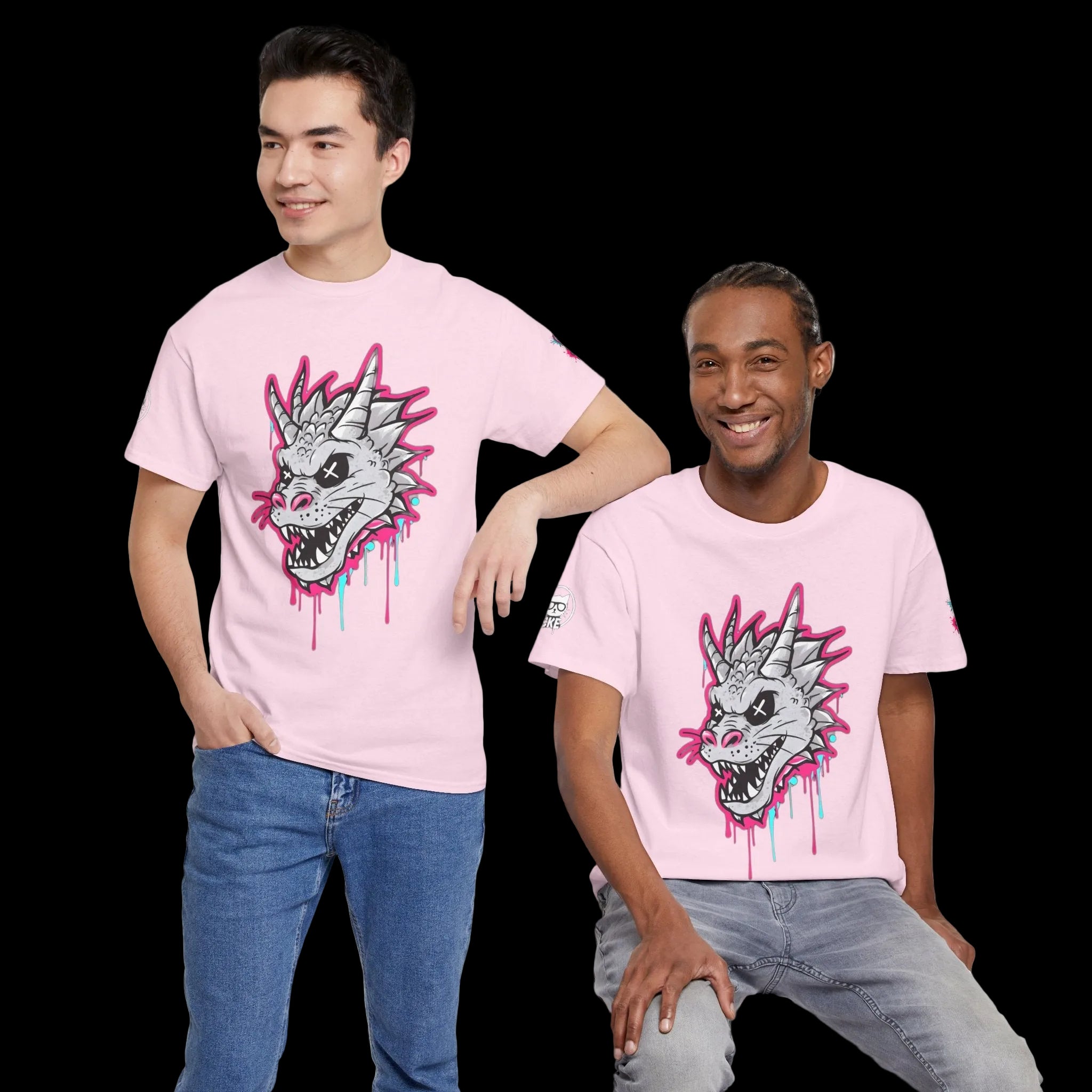 Light pink graphic t-shirt featuring a bold dragon skull design with electric pink and cyan paint drips.