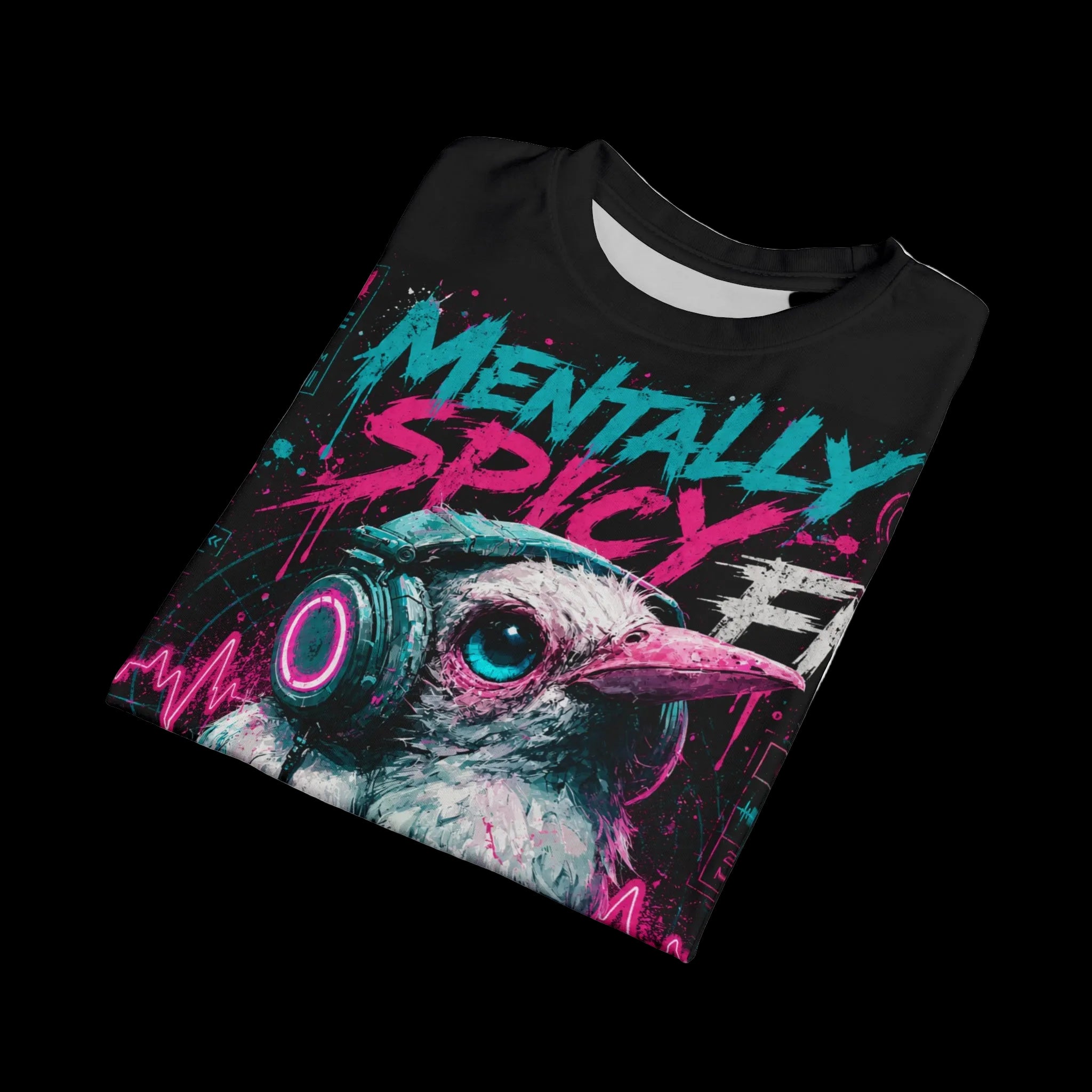 All-over print gothic graphic tee featuring a spicy bird design from Chaos Kitten Emporium®, printed by Printify.