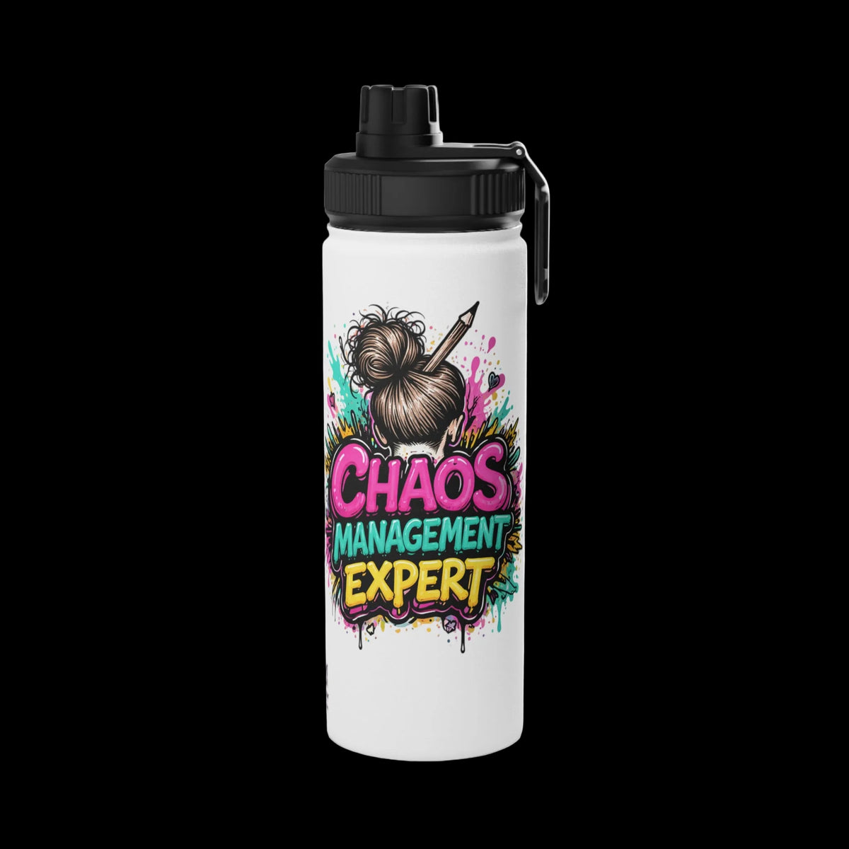 a white water bottle with colorful text