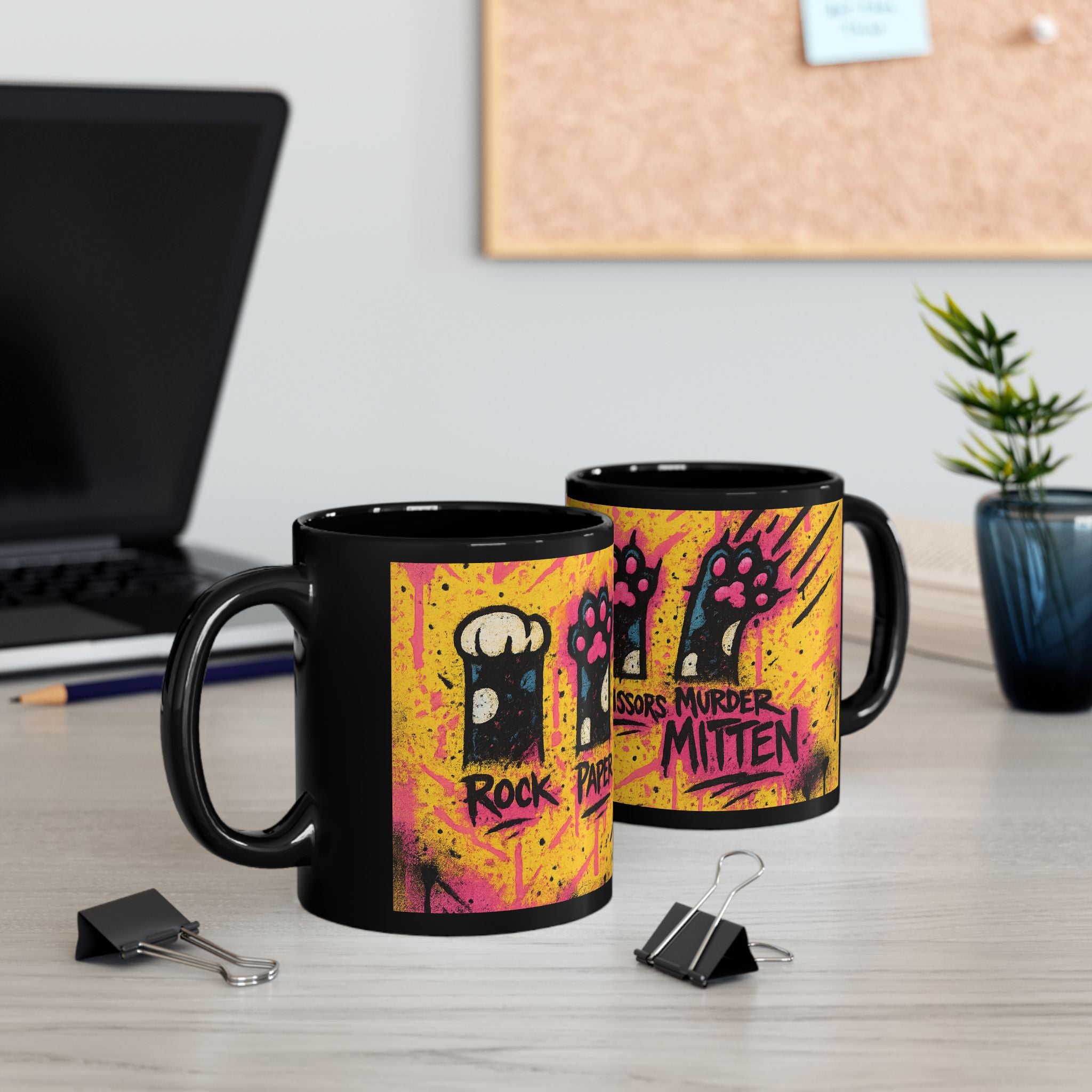 Rock Paper Scissors Murder Mittens” Design | Unique Cat Art Coffee Cup | 11oz & 15oz