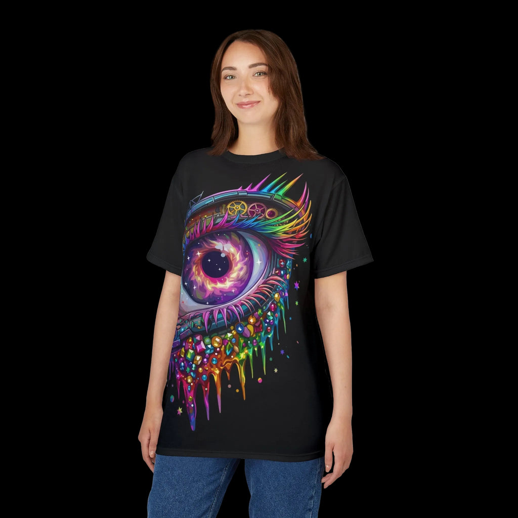 Black t-shirt featuring a vibrant mechanical eye graphic with cosmic colors and crystalline textures.